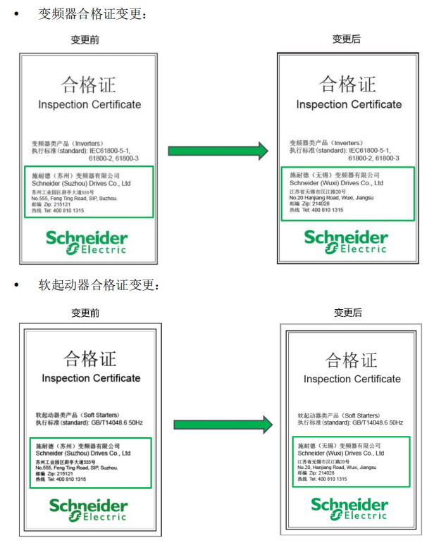 施耐德变频器及软启动器包装合格证变更